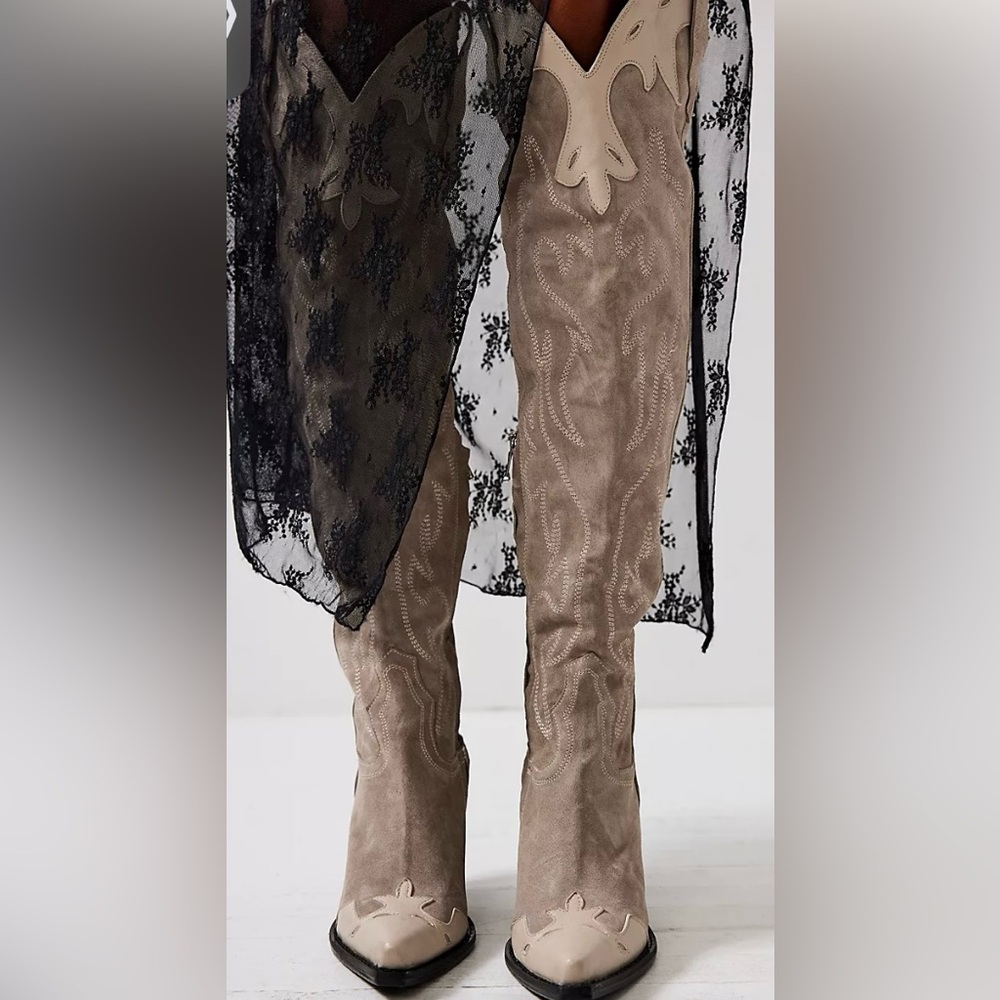 Free People Gray/Cream Suede Heeled Cowboy Boots